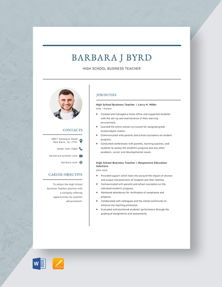 High School Business Teacher Resume Template - Word, Apple Pages