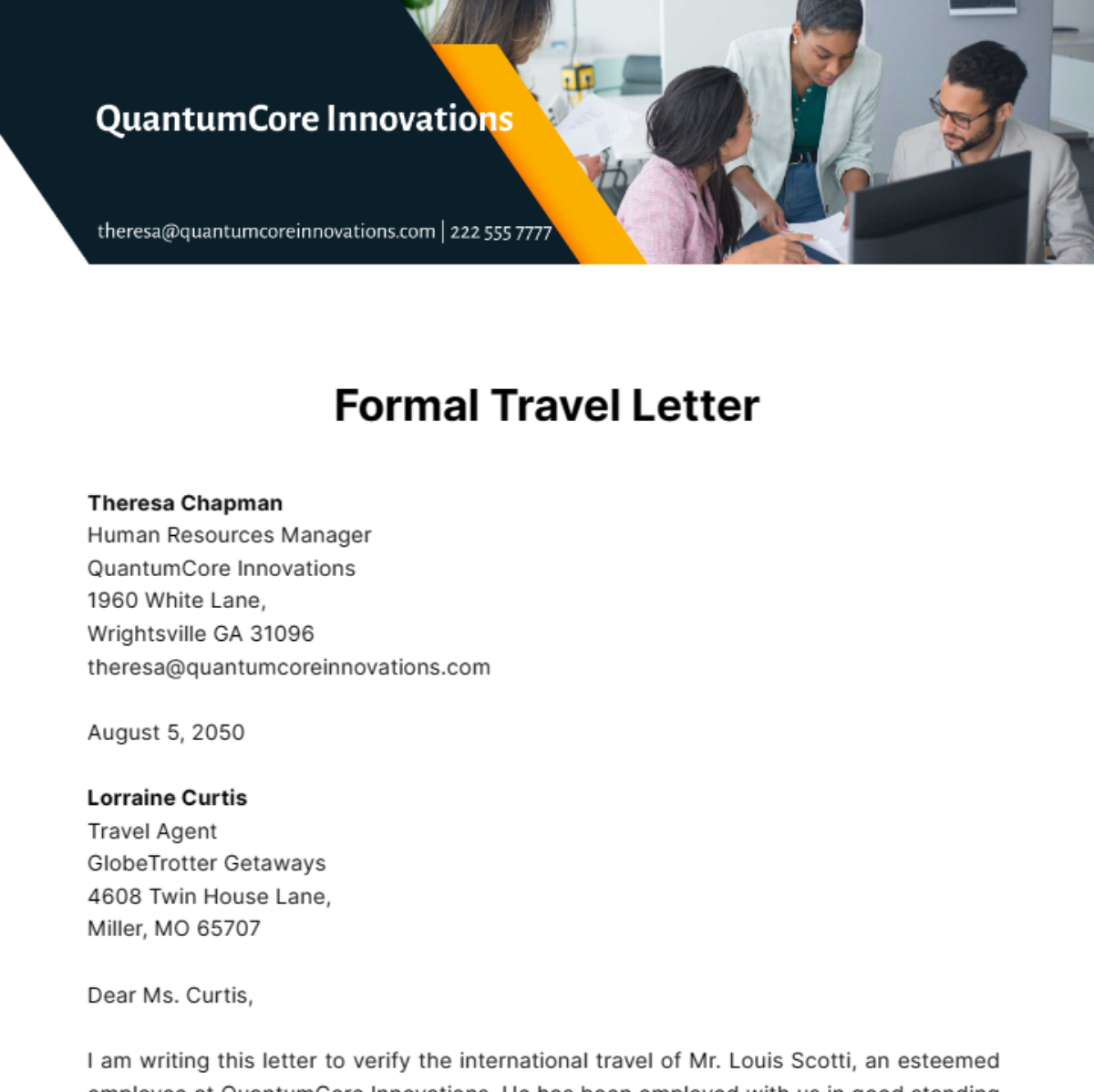 Formal Travel Letter Template