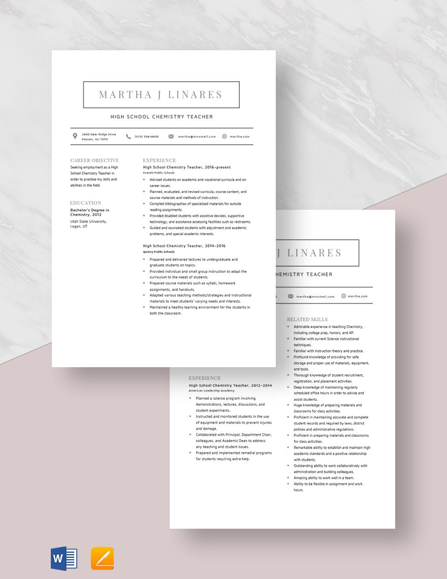High School Chemistry Teacher Resume - Download in Word, Apple Pages ...