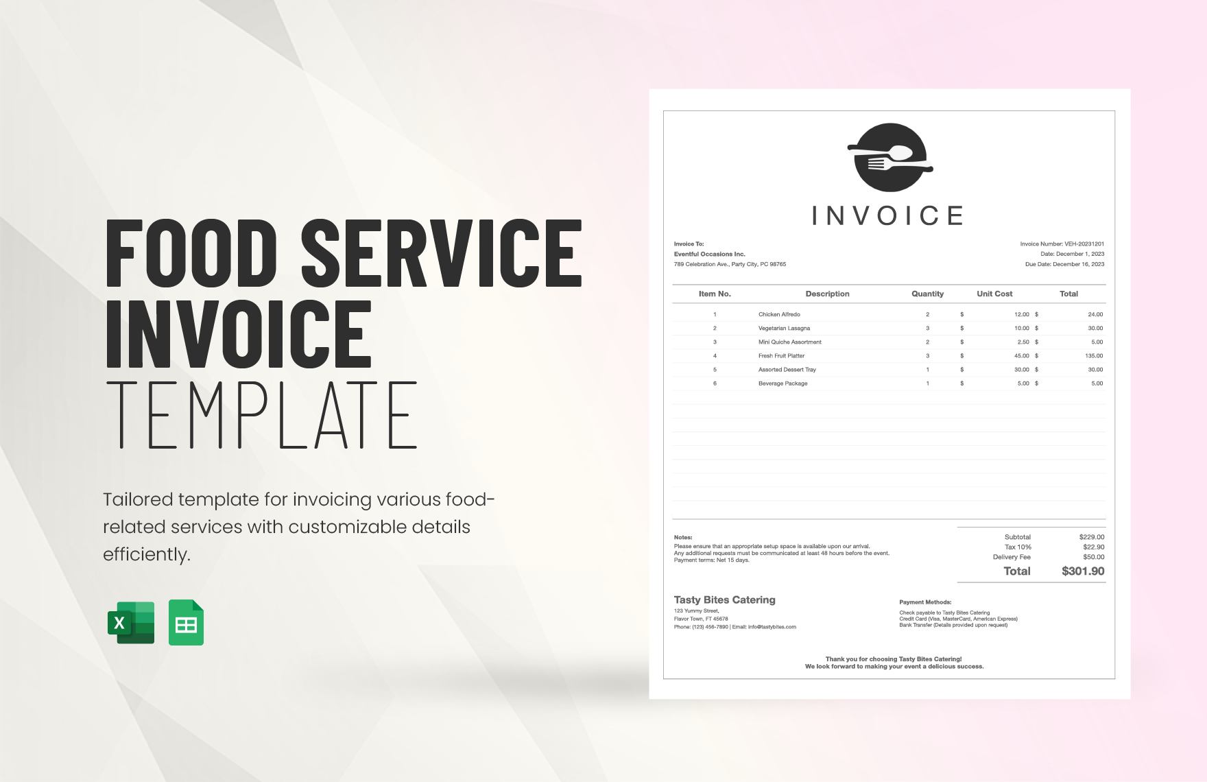 Food Service Invoice Template in Excel, Google Sheets - Download | Template.net