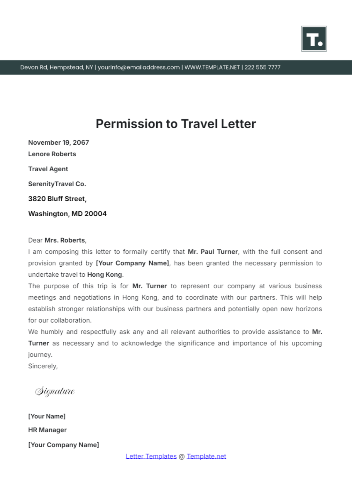 Permission to Travel Letter Template - Edit Online & Download