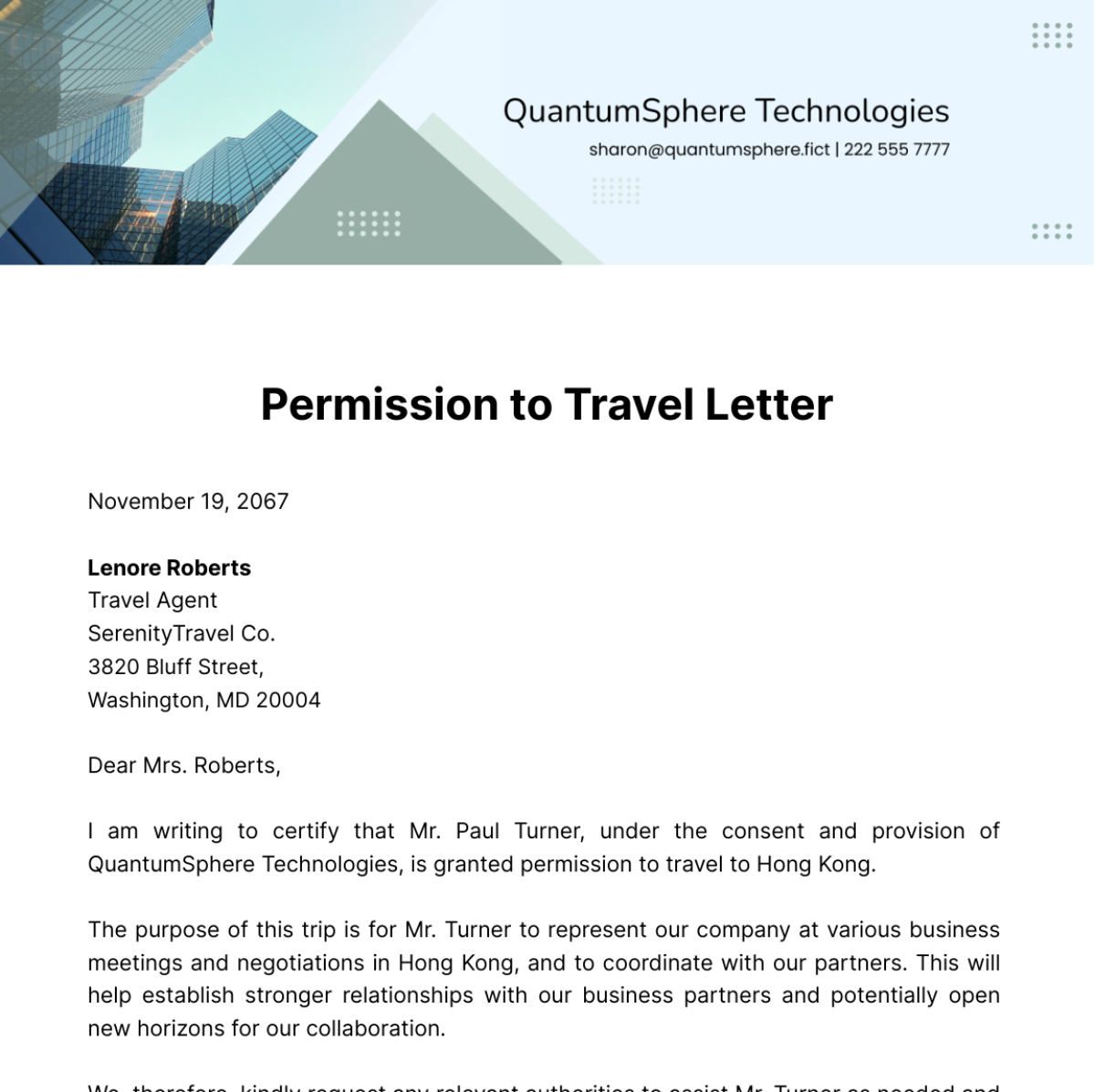 Permission to Travel Letter Template