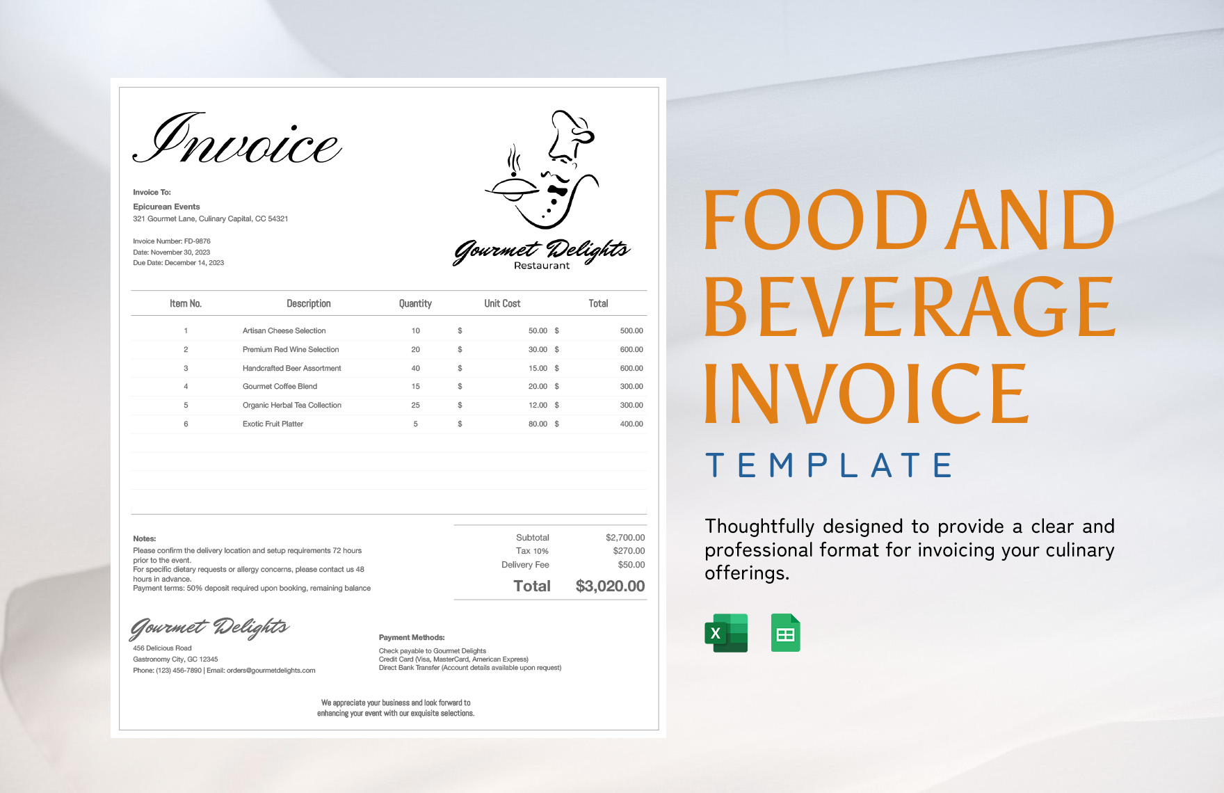 Food and Beverage Invoice Template in Excel, Google Sheets - Download | Template.net