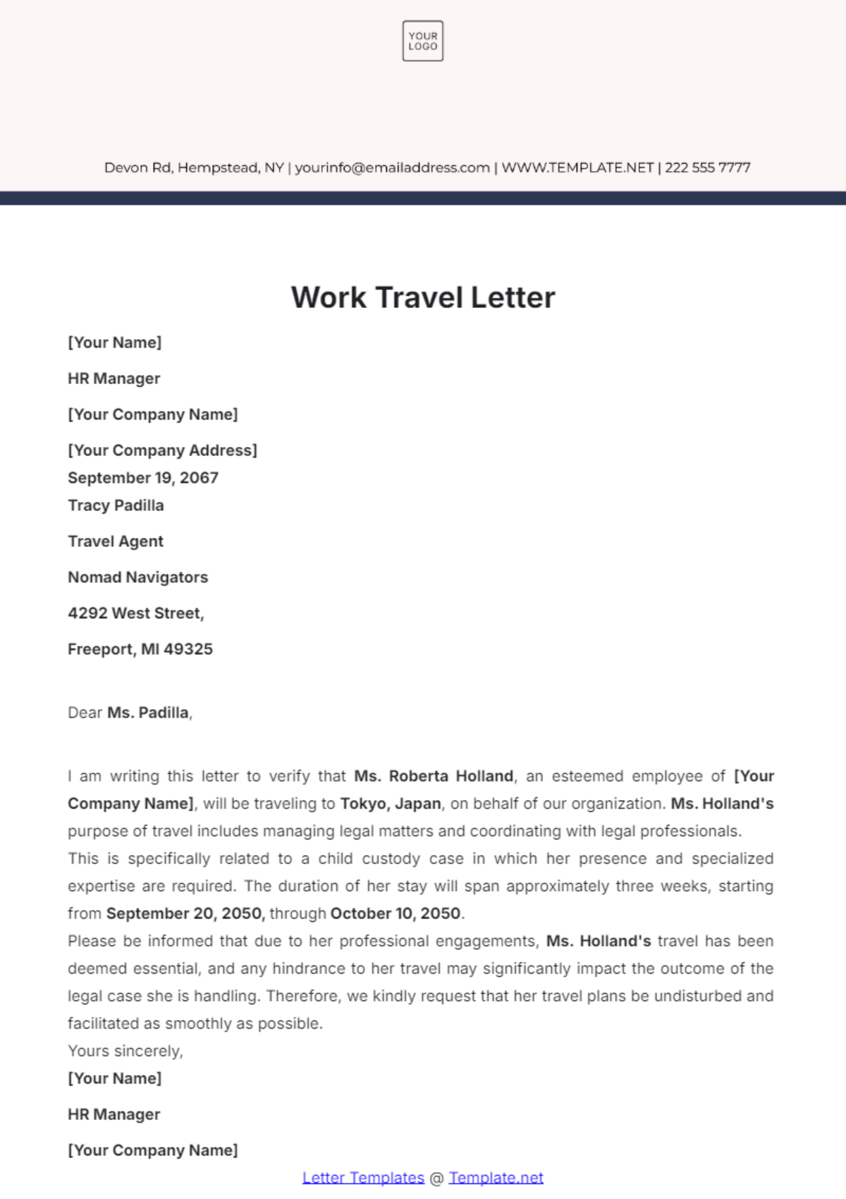 Work Travel Letter Template - Edit Online & Download