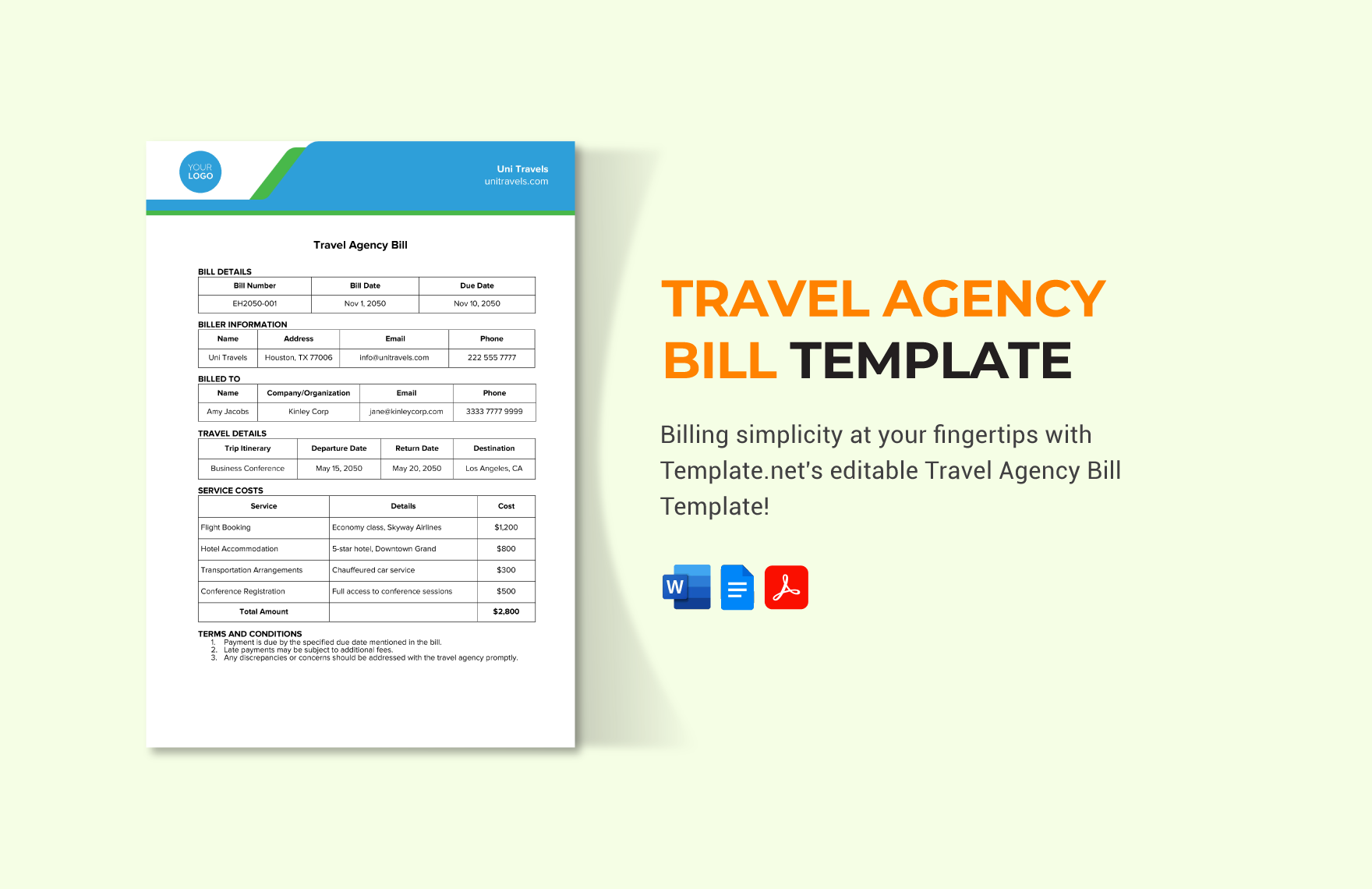 Travel Agency Bill Template in Word, Google Docs, PDF