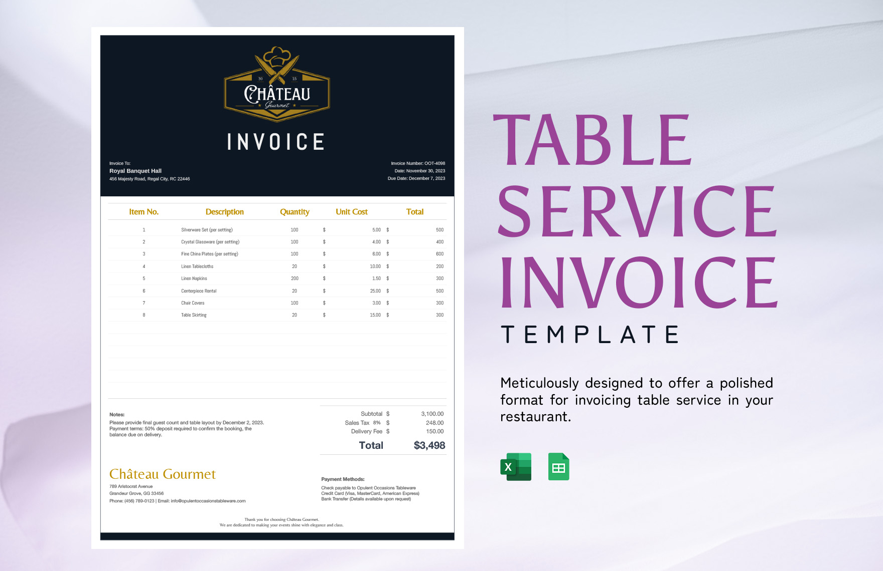 Table Service Invoice Template in Excel, Google Sheets