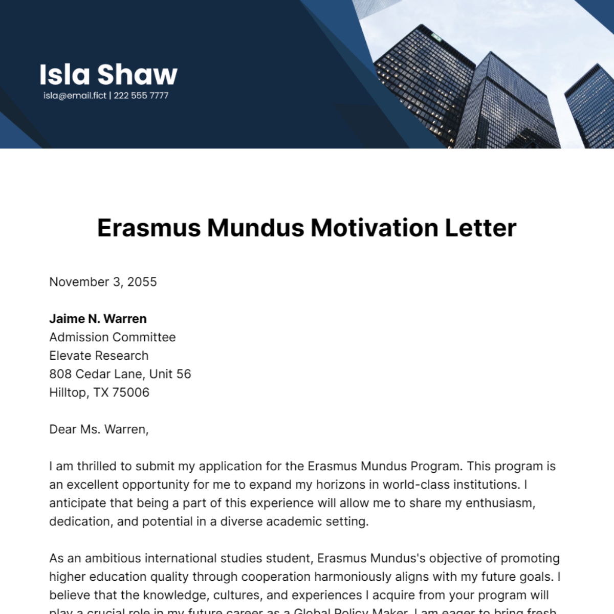 Erasmus Mundus Motivation Letter Template