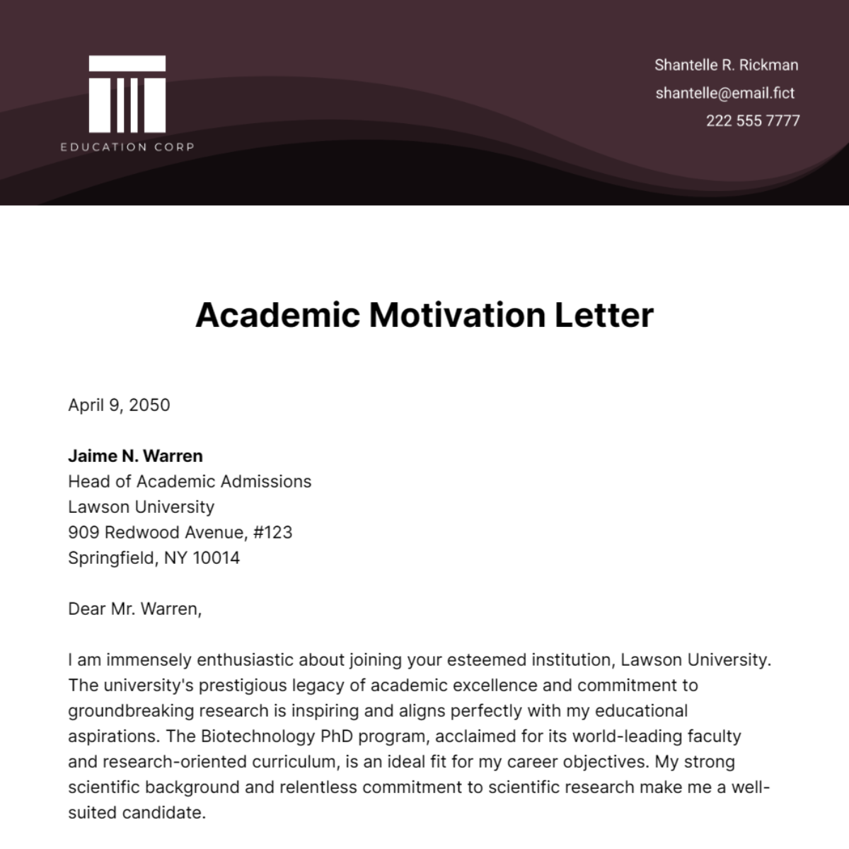 Academic Motivation Letter Template