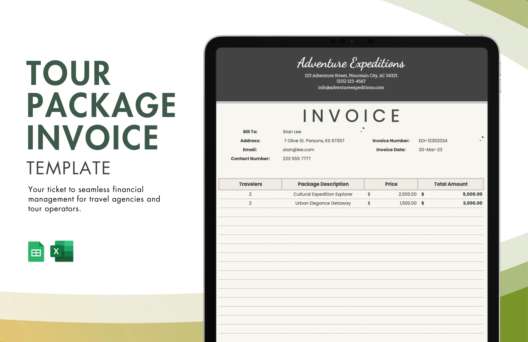 Tour Package Invoice Template in Excel, Google Sheets