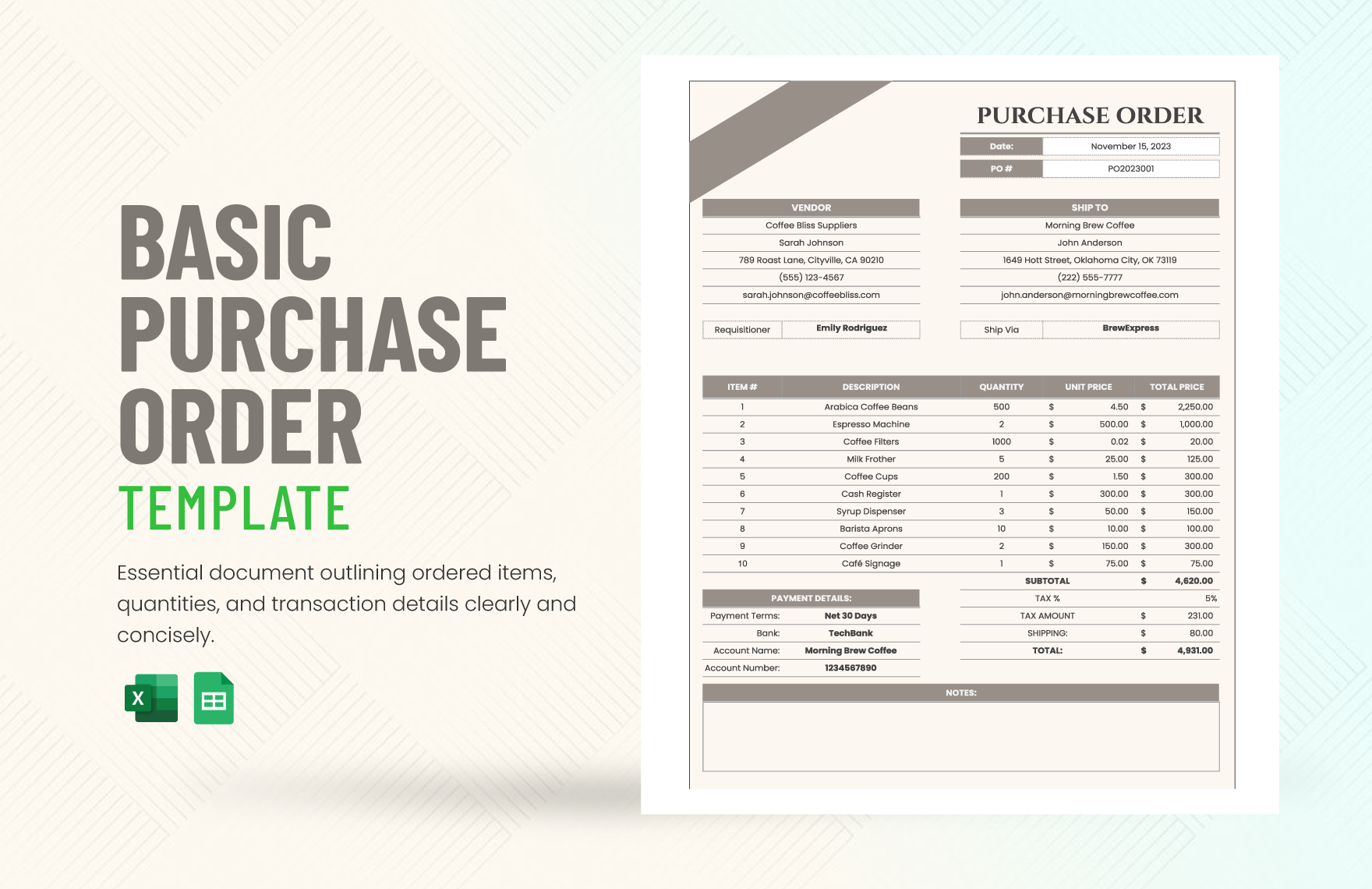 Free Basic Purchase Order Template in Excel, Google Sheets