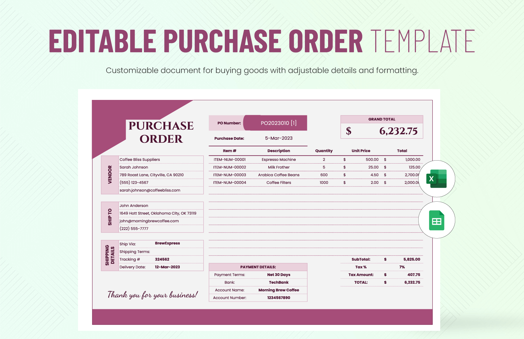 Editable Purchase Order Template