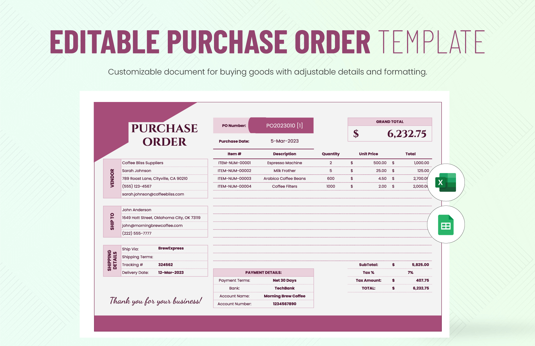 Editable Purchase Order Template in Excel, PDF, Google Sheets