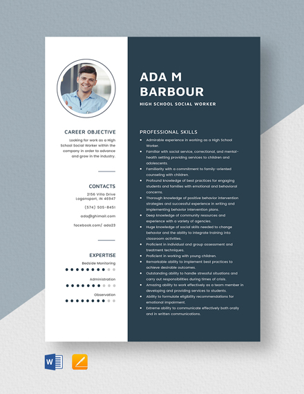 Free High School Social Worker Resume Template - Word, Apple Pages