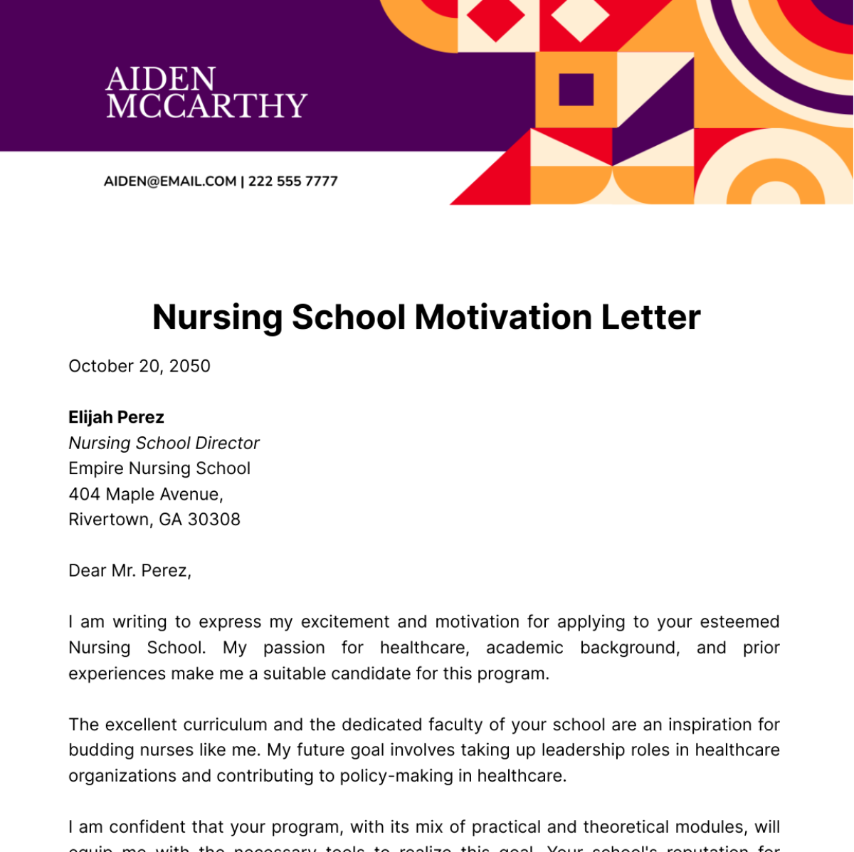 Nursing School Motivation Letter Template