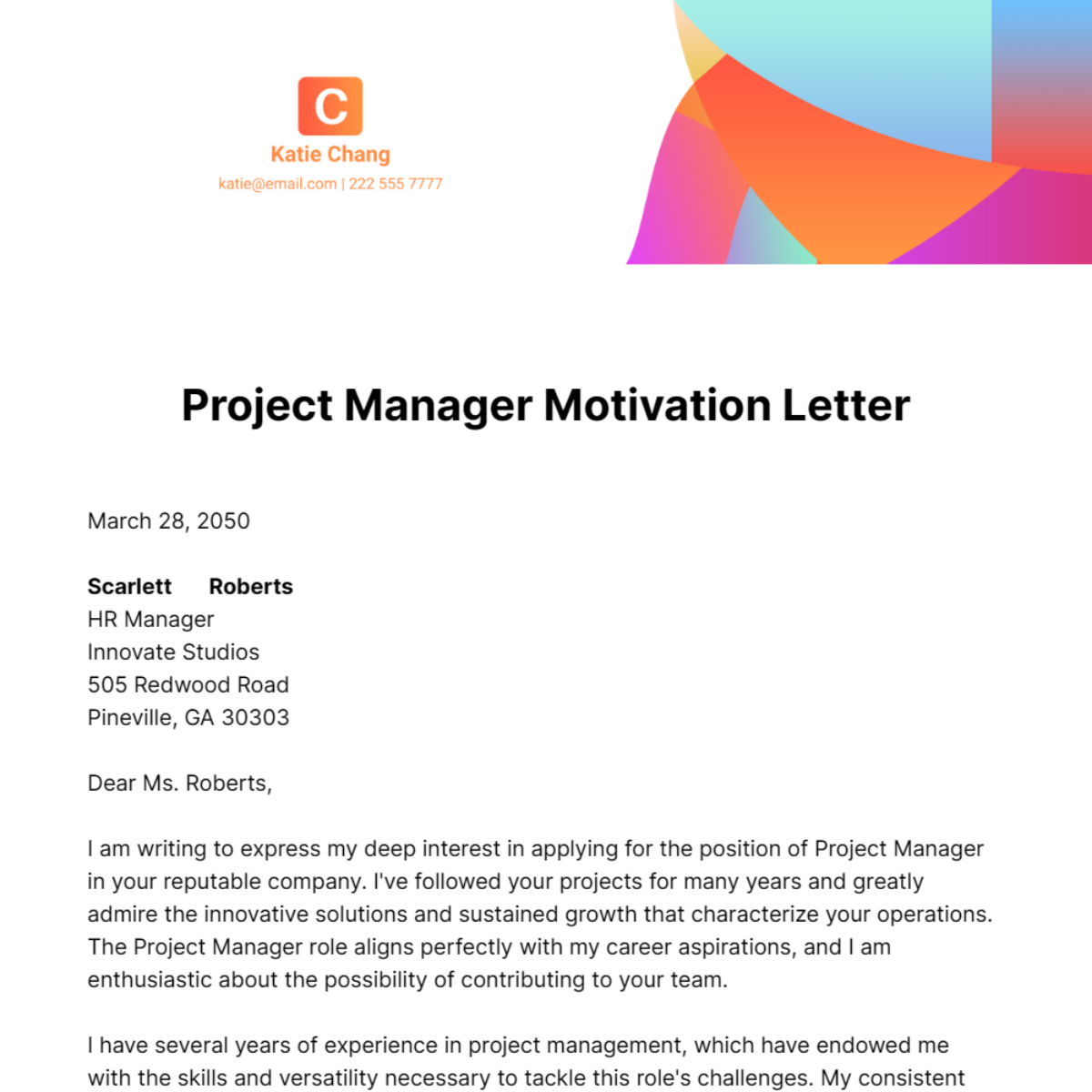 Project Manager Motivation Letter Template