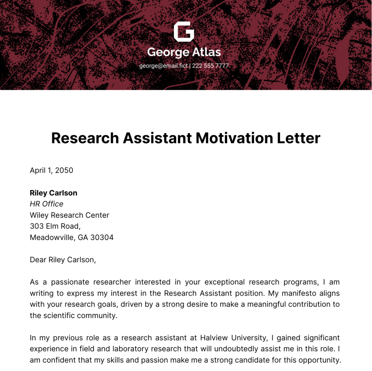 Research Assistant Motivation Letter Template