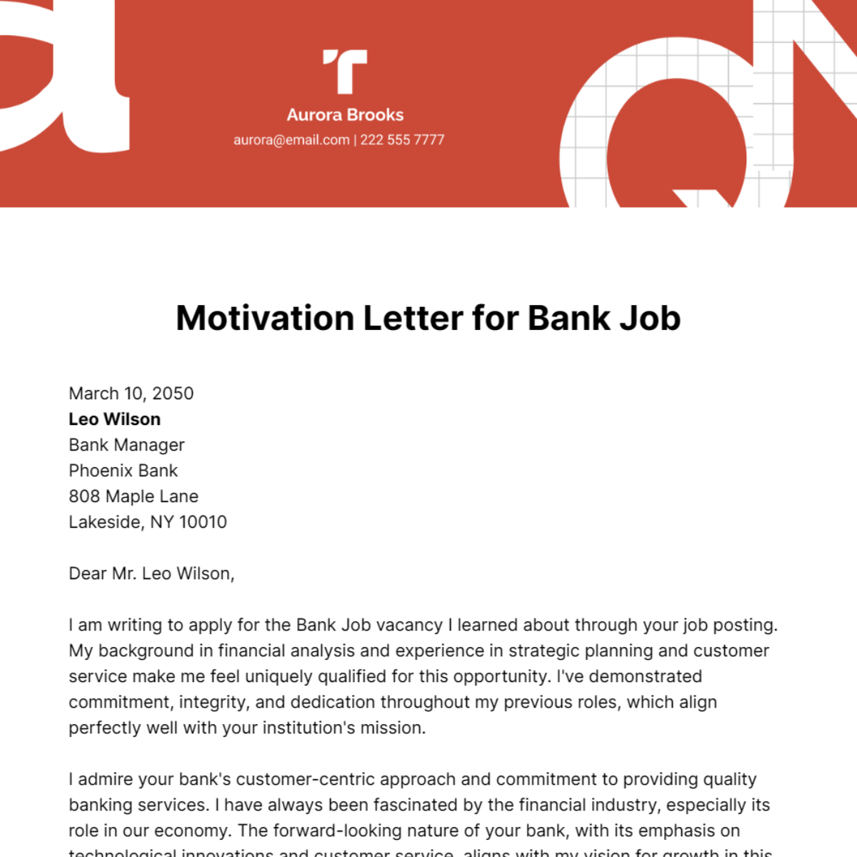Motivation Letter for Bank Job Template
