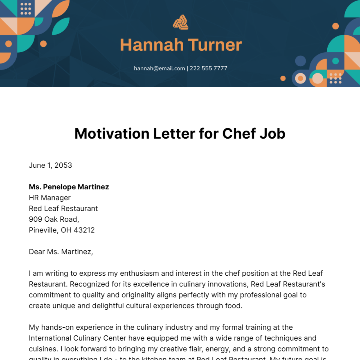 Motivation Letter for Chef Job Template