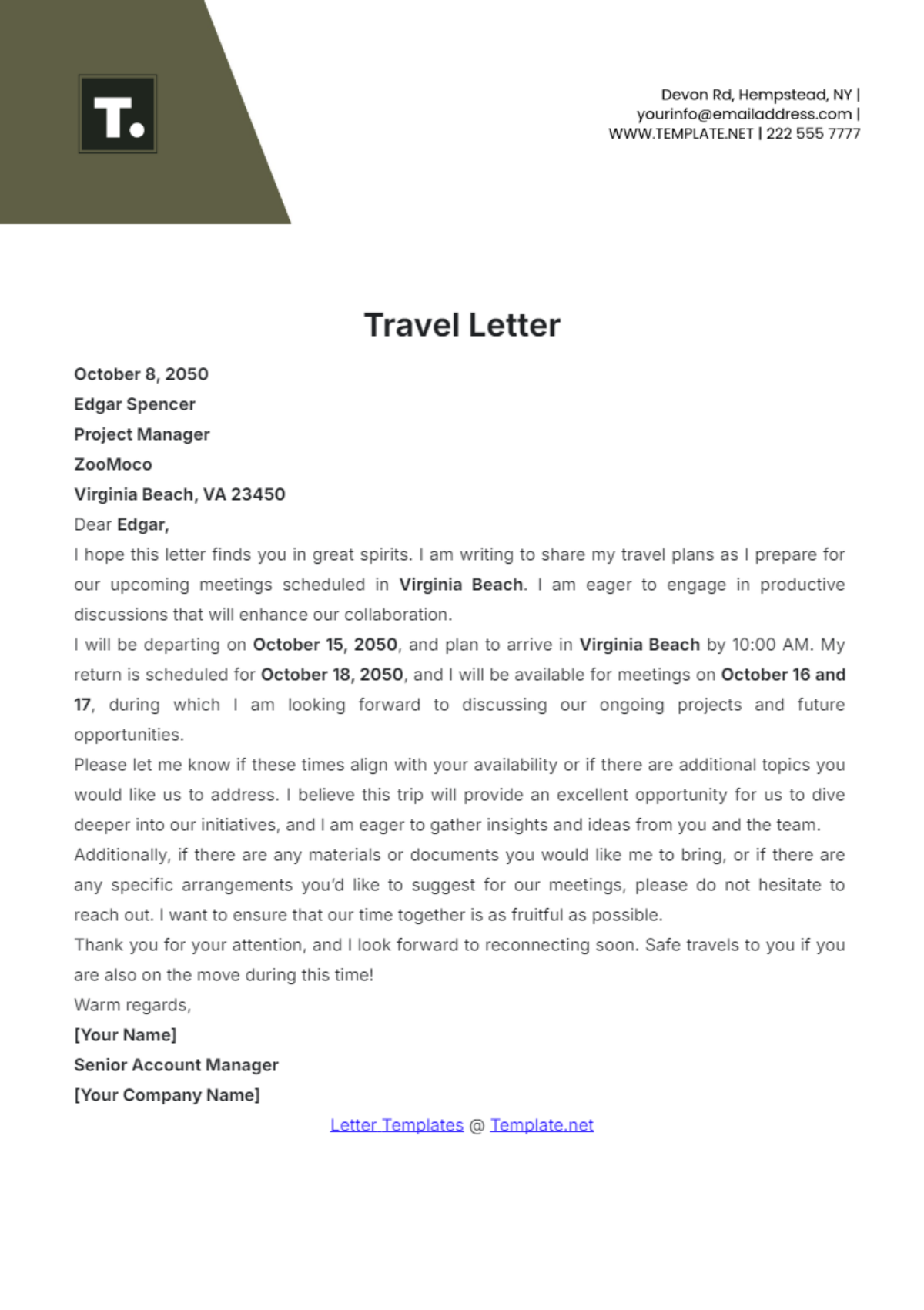 Travel Letter Template - Edit Online & Download