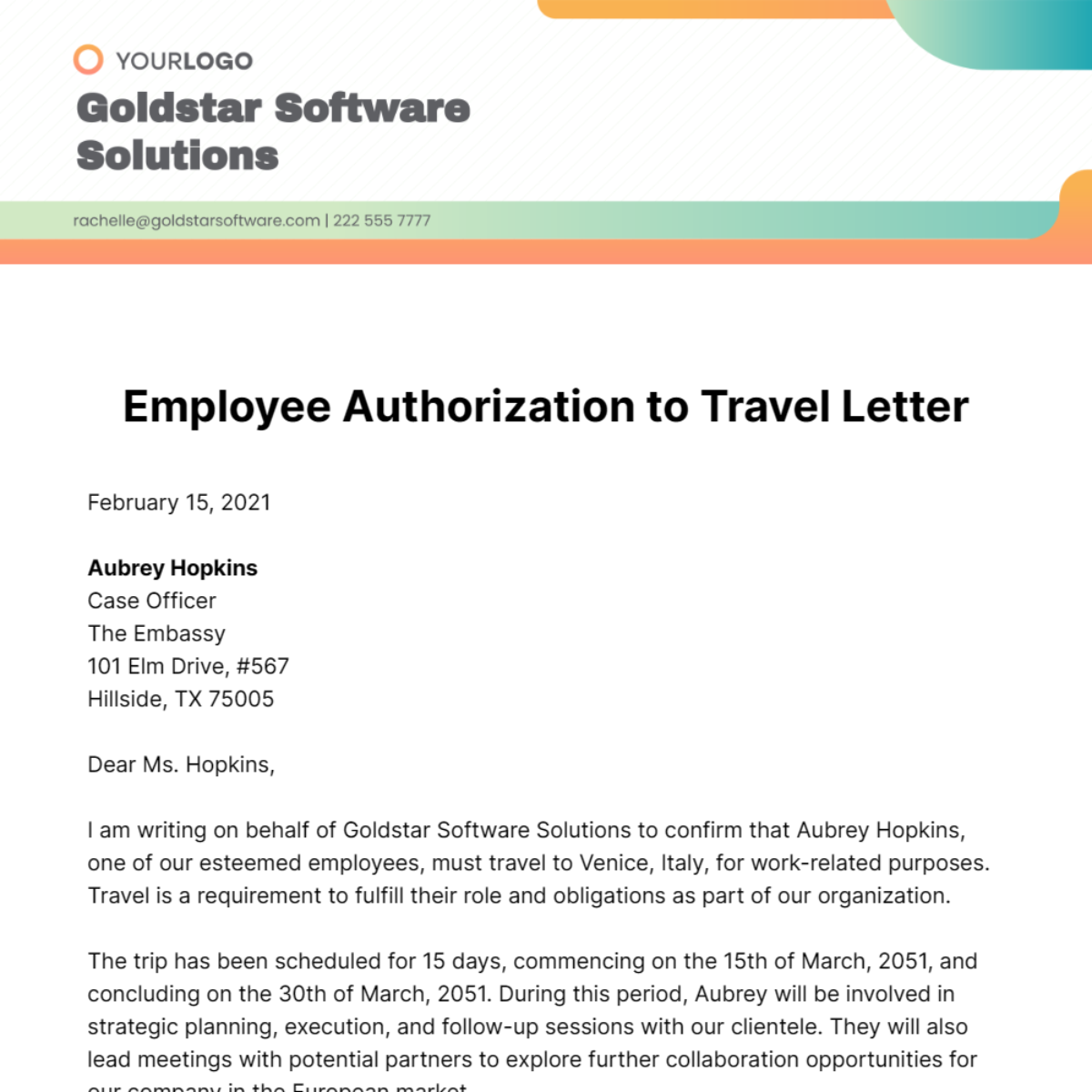 Employee Authorization to Travel Letter Template
