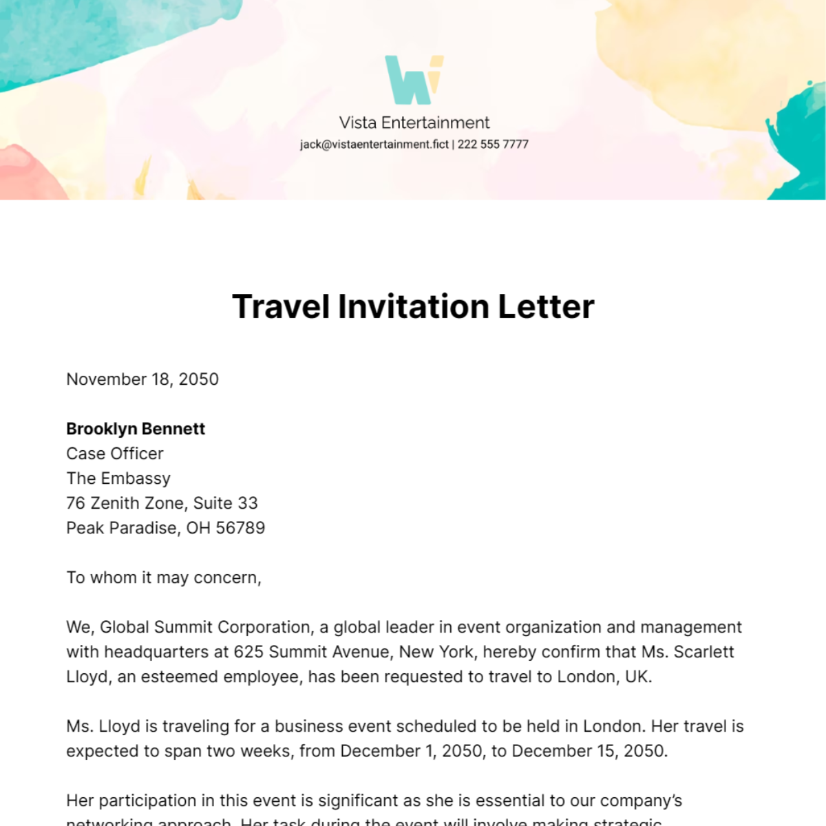 Travel Invitation Letter Template