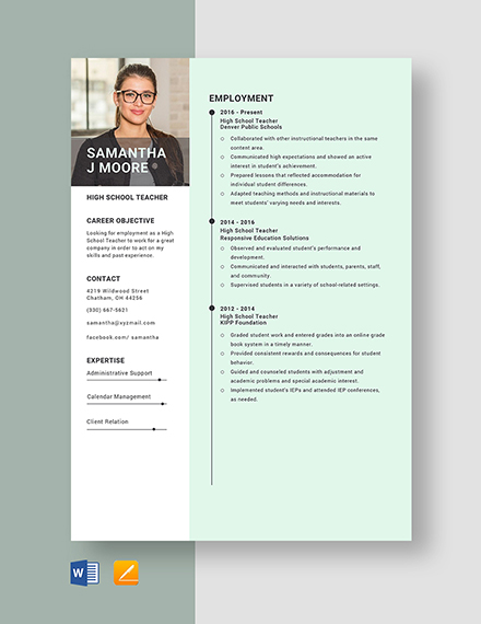 High School Teacher Resume Template - Word, Apple Pages