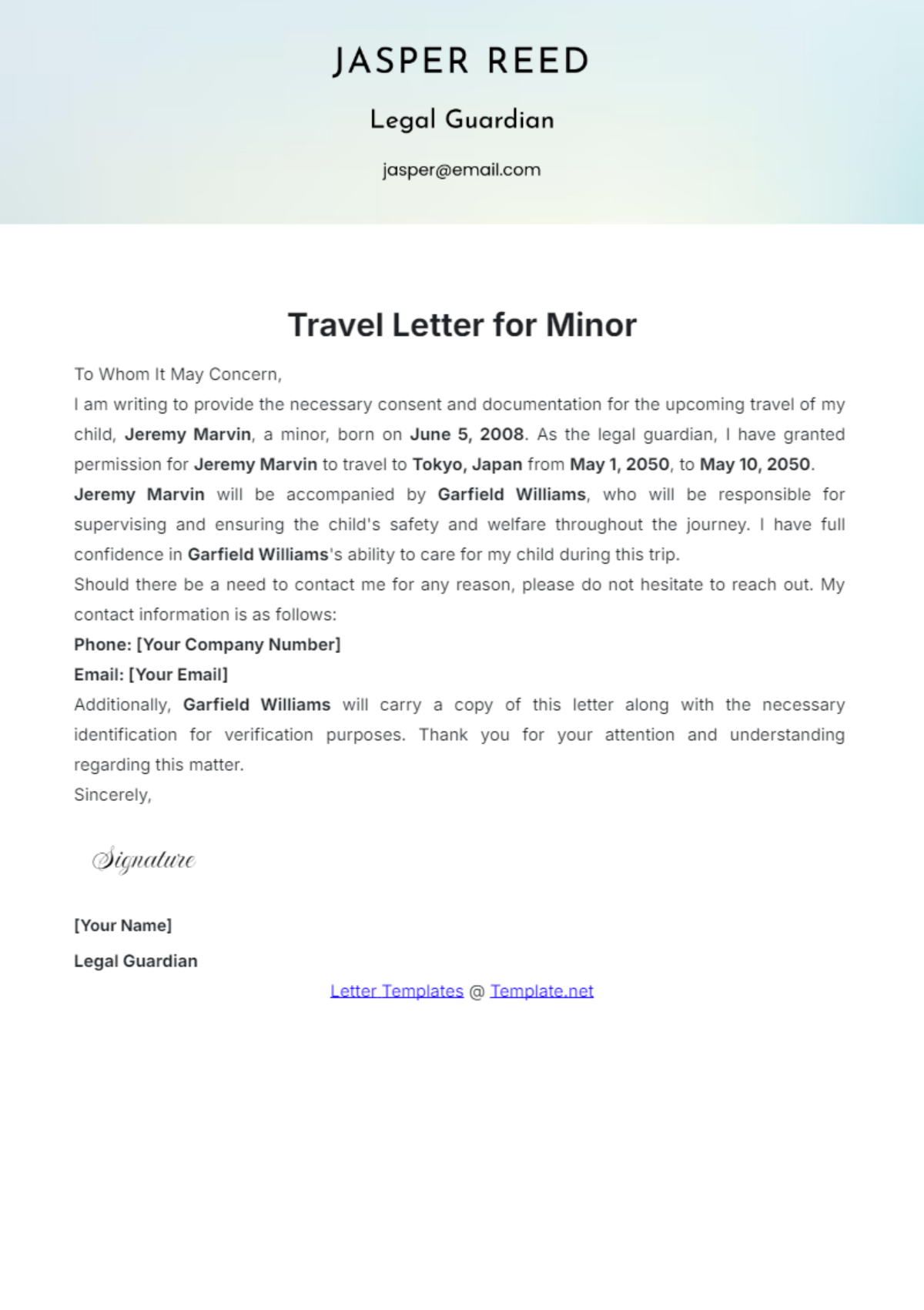 Travel Letter for Minor Template - Edit Online & Download