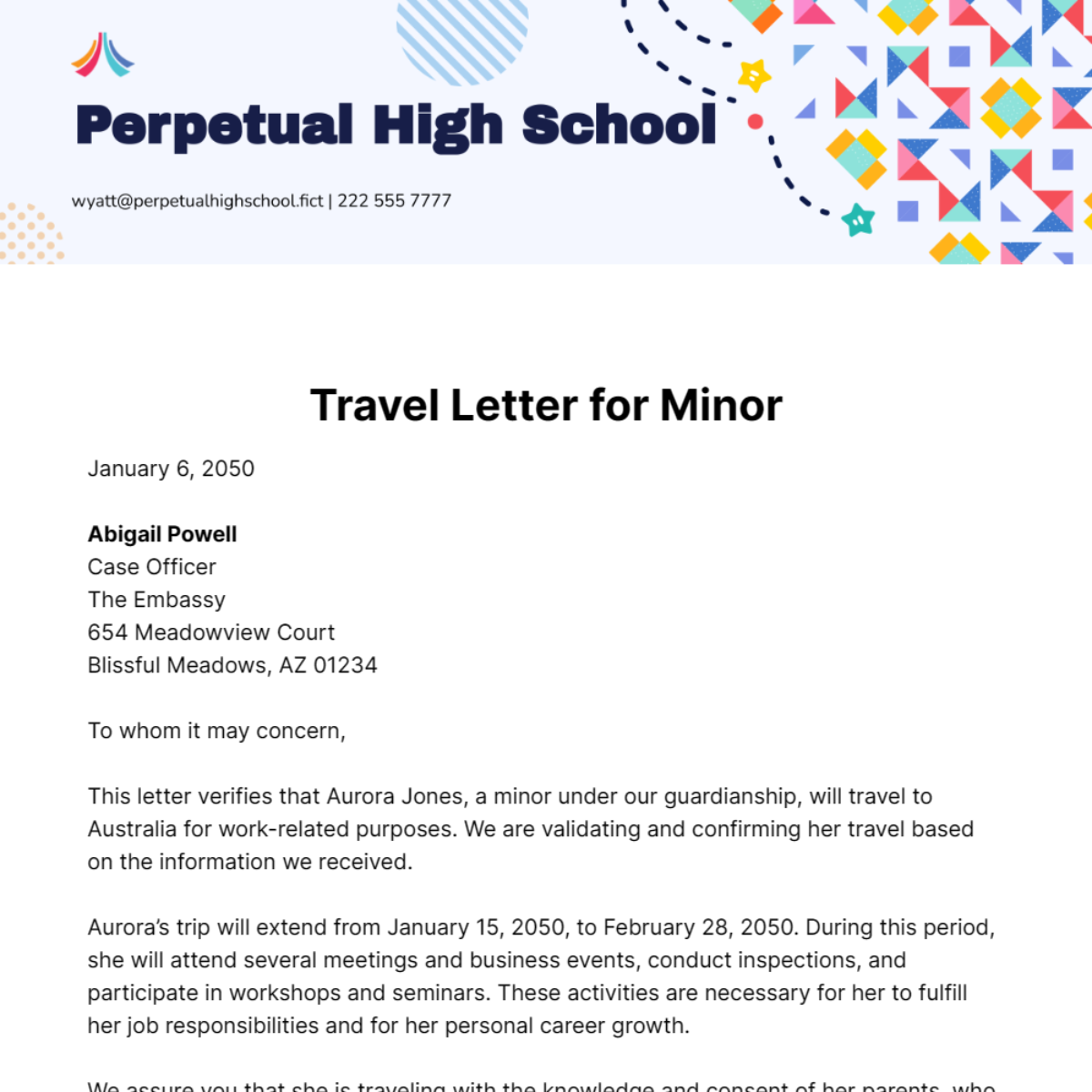 Travel Letter for Minor Template