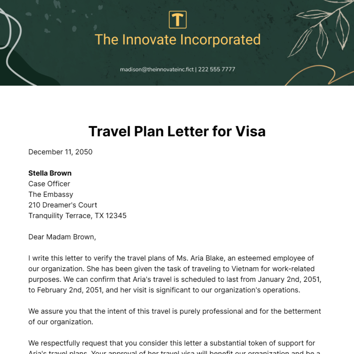 Travel Plan Letter for Visa Template