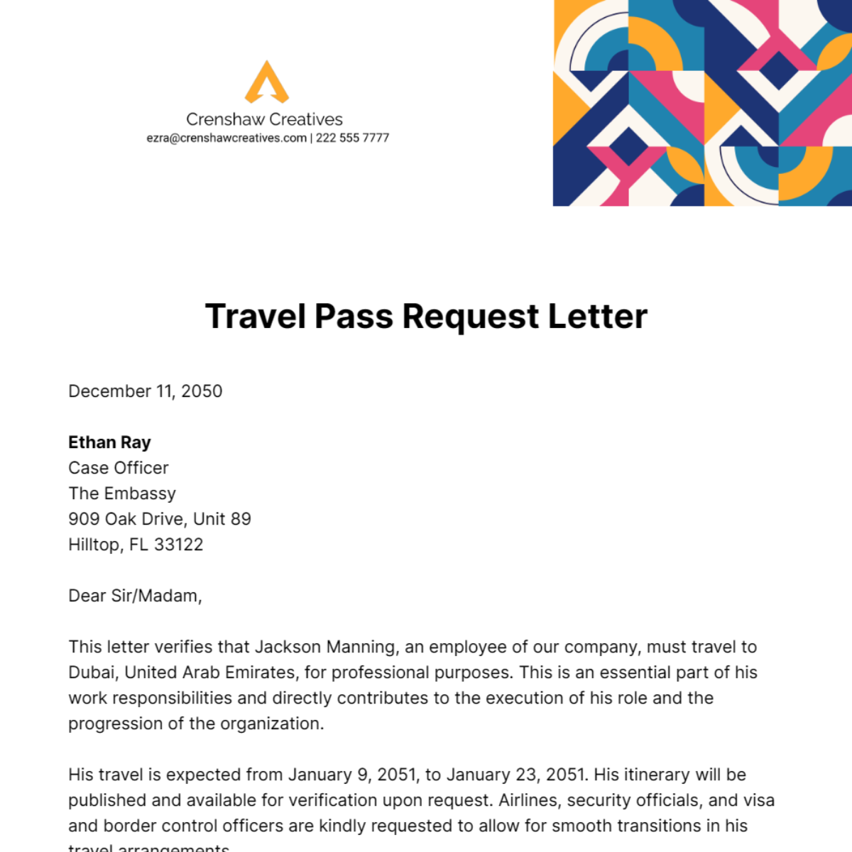 Travel Pass Request Letter Template