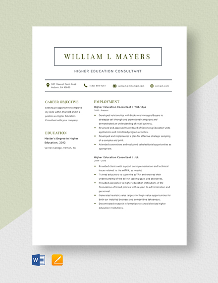 Higher Education Consultant Resume Template - Word, Apple Pages