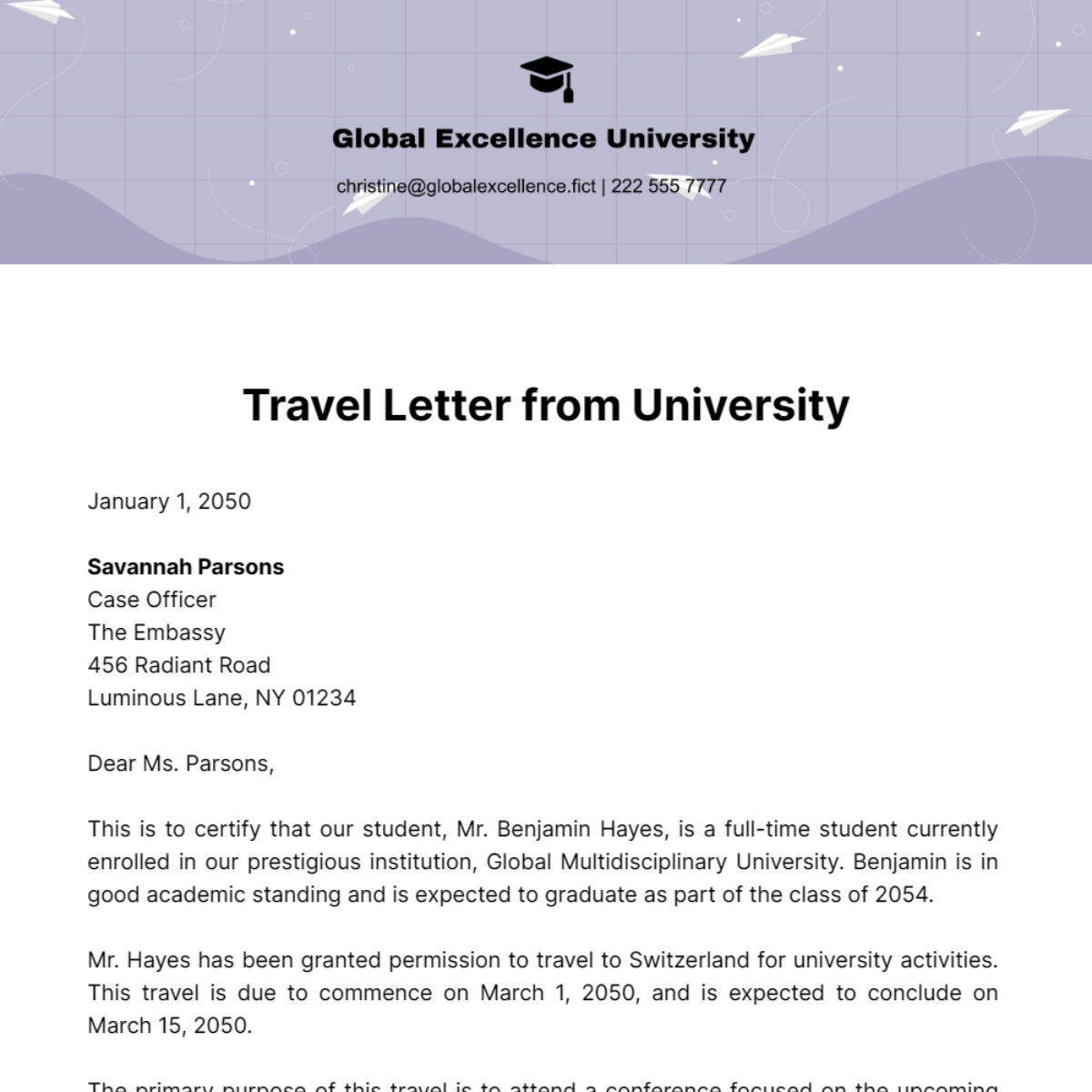 Travel Letter from University Template