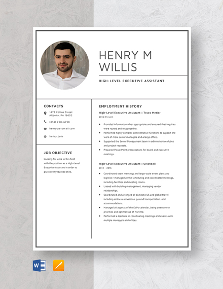 High-Level Executive Assistant Resume Template - Word, Apple Pages