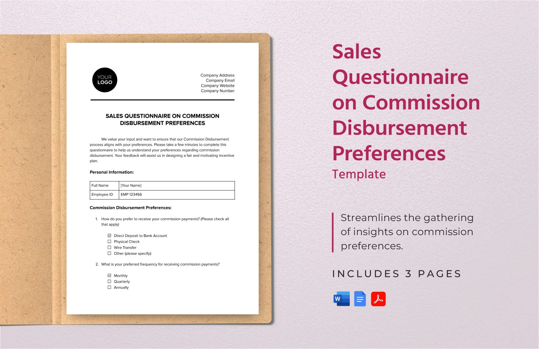 Sales Questionnaire on Commission Disbursement Preferences Template in Word, Google Docs, PDF