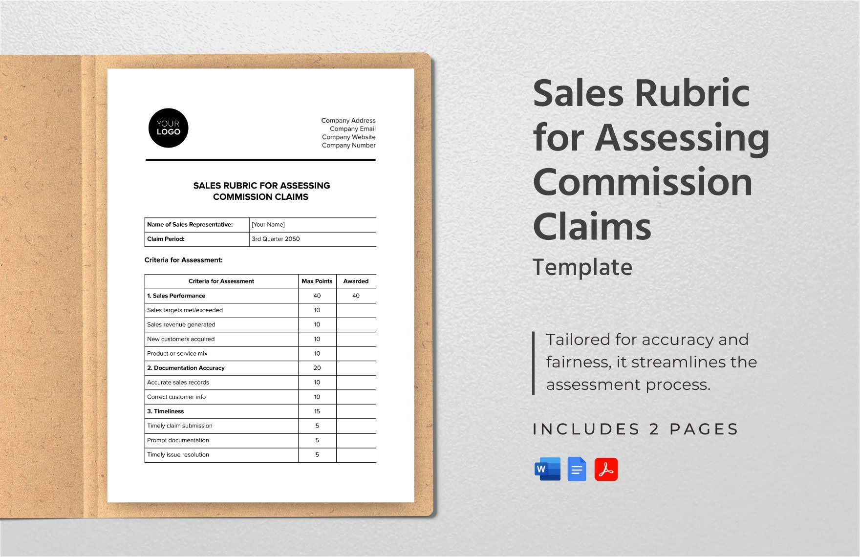Sales Rubric for Assessing Commission Claims Template in Word, Google Docs, PDF
