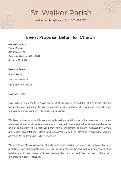 Free Event Proposal Letter for Church Template to Edit Online