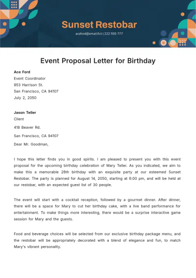 Free Event Proposal Letter for Birthday Template to Edit Online