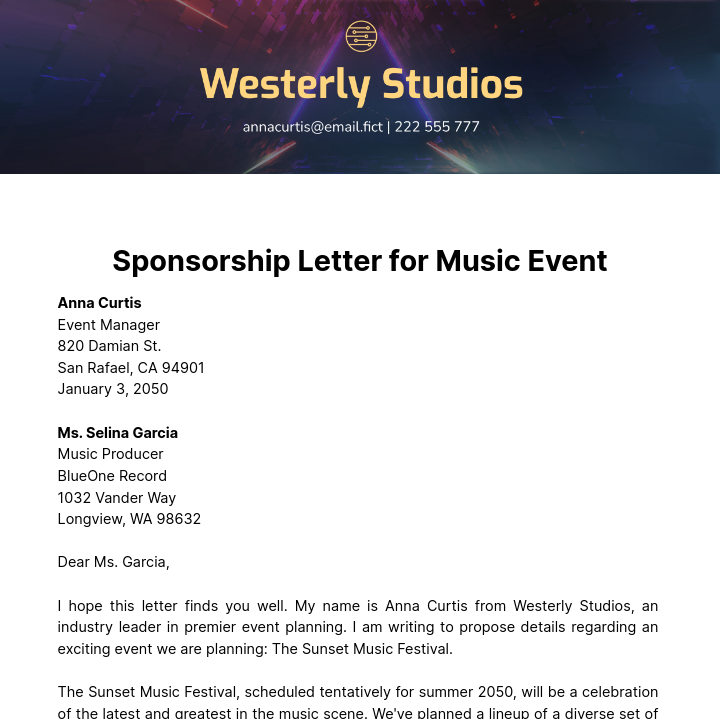 Sponsorship Letter for Music Event Template