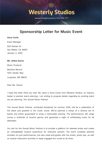 Free Sponsorship Letter for Music Event Template to Edit Online