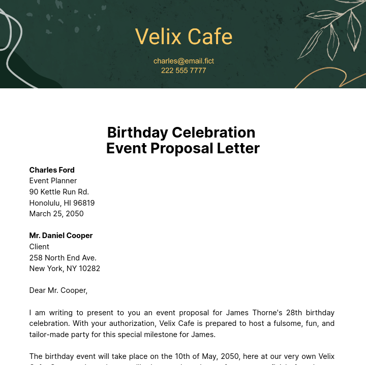 Birthday Celebration Event Proposal Letter Template