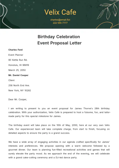 Free Birthday Celebration Event Proposal Letter Template to Edit Online