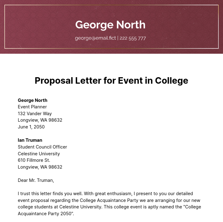 Proposal Letter for Event in College Template