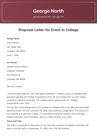Free Proposal Letter for Event in College Template to Edit Online