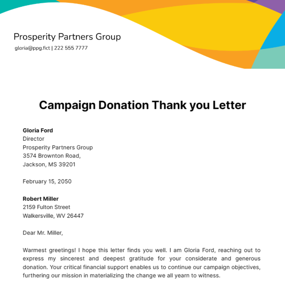 Free Campaign Donation Thank you Letter Template