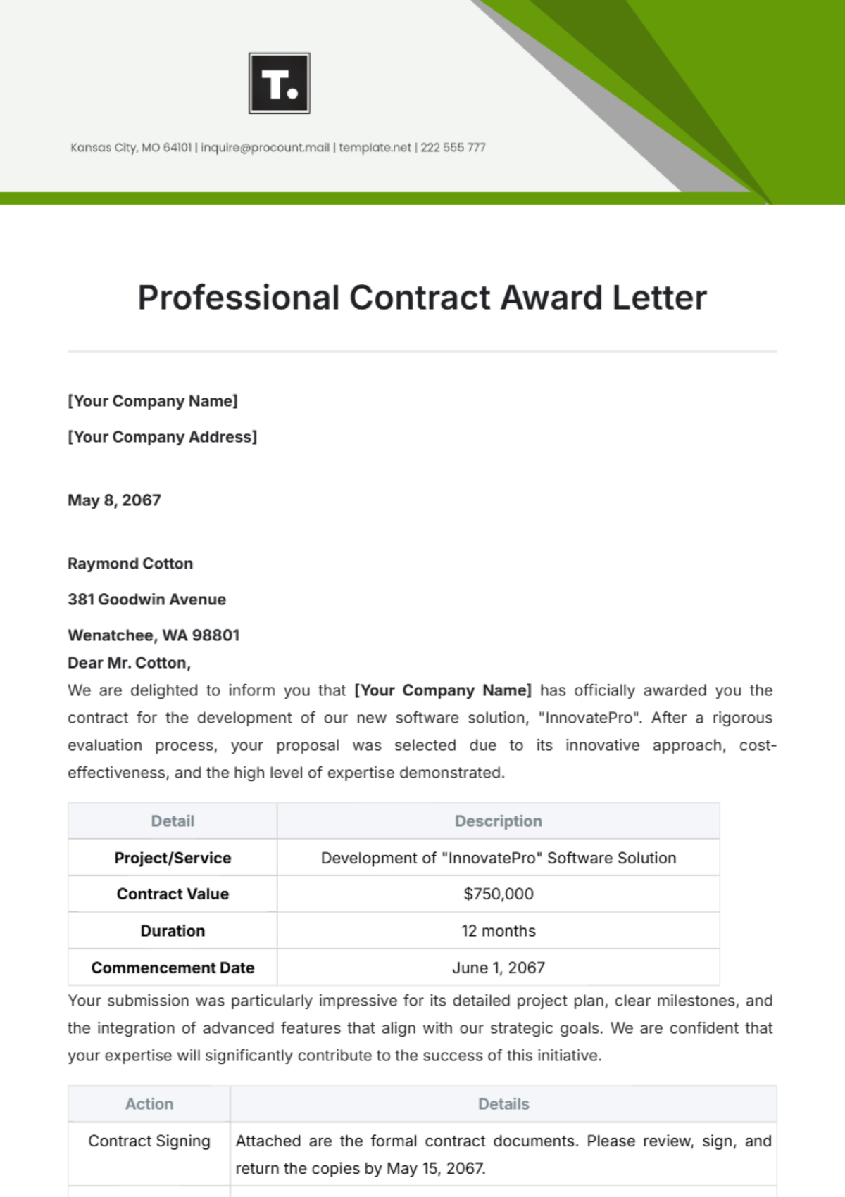 Professional Contract Award Letter Template - Edit Online & Download