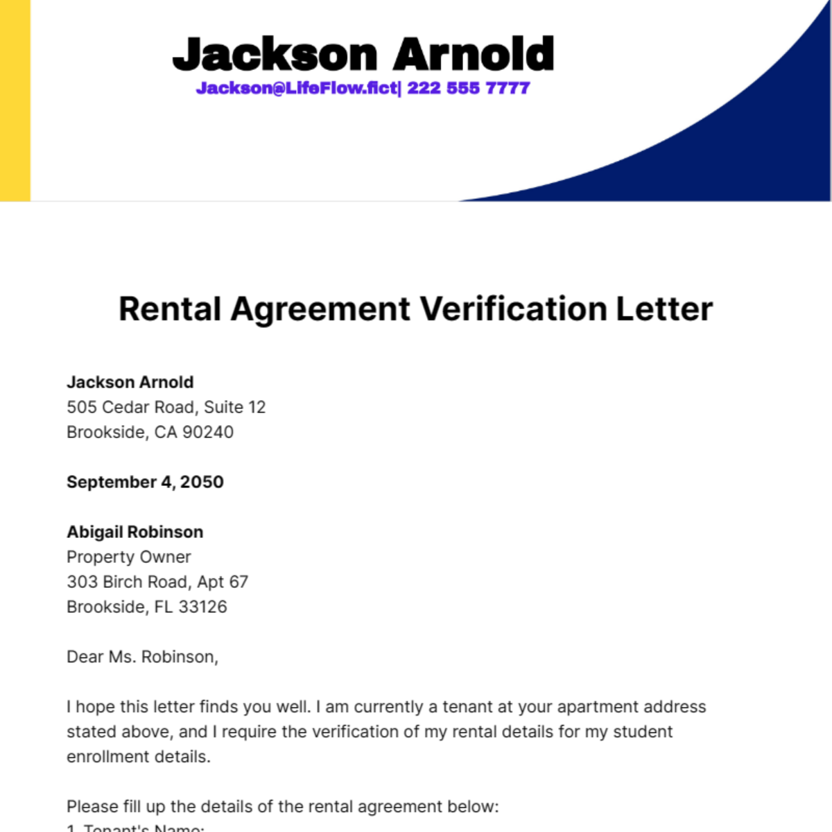 Rental Agreement Verification Letter Template