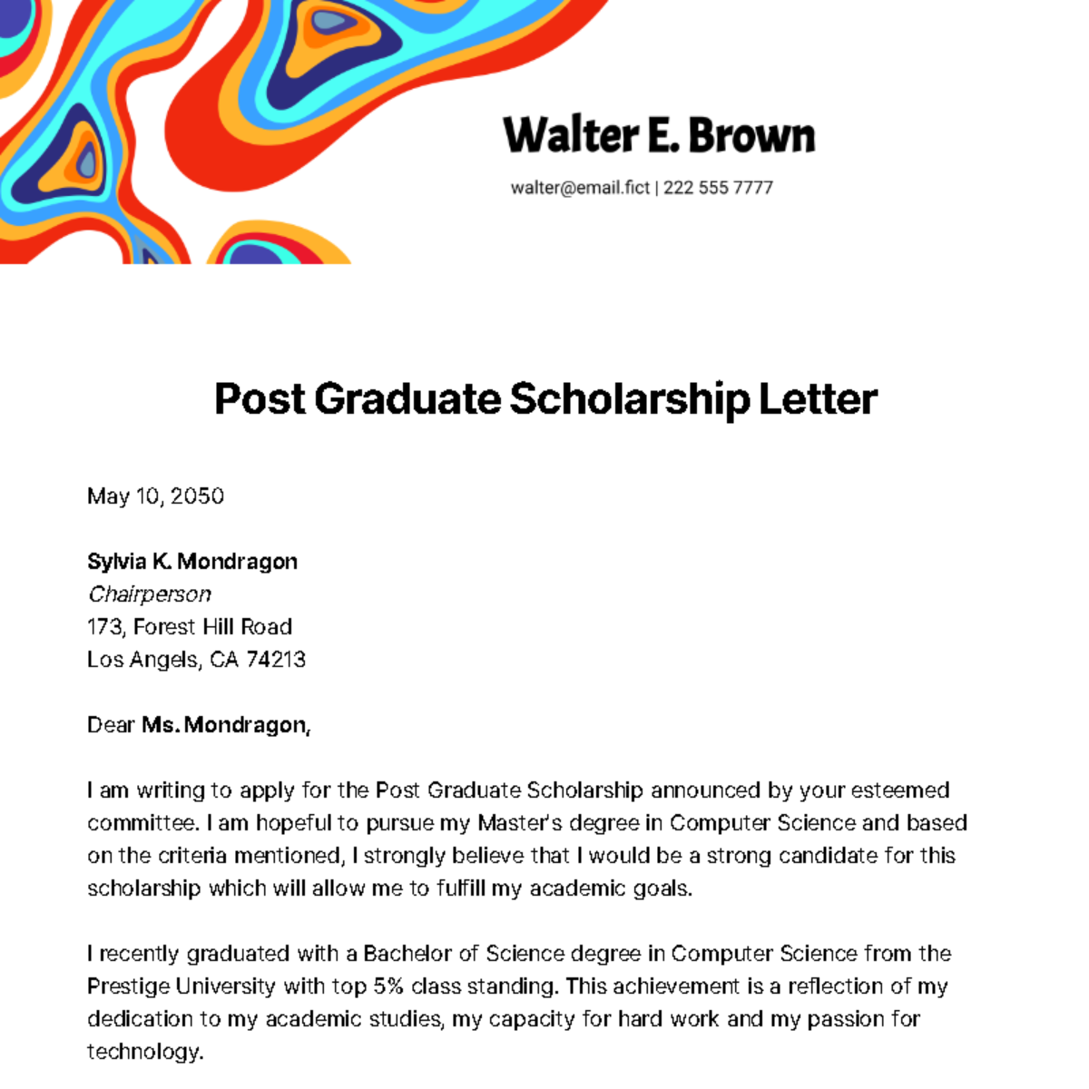 Post Graduate Scholarship Letter Template