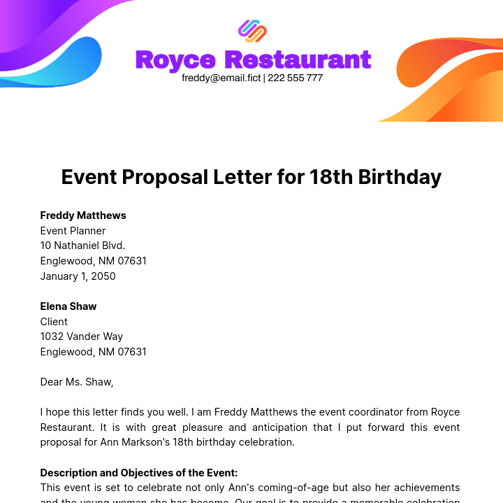 Event Proposal Letter for 18th Birthday Template
