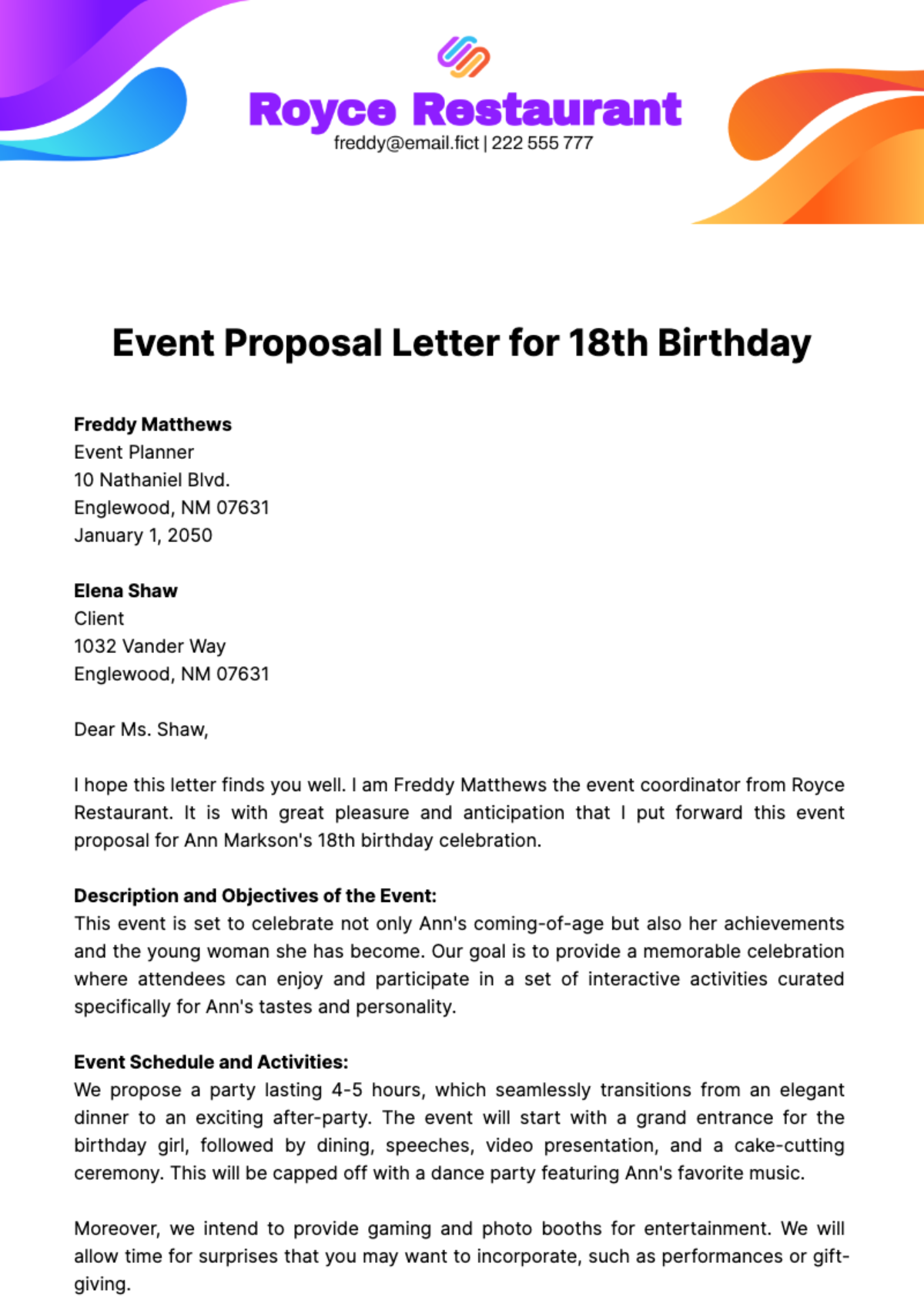 Free Event Proposal Letter for 18th Birthday Template