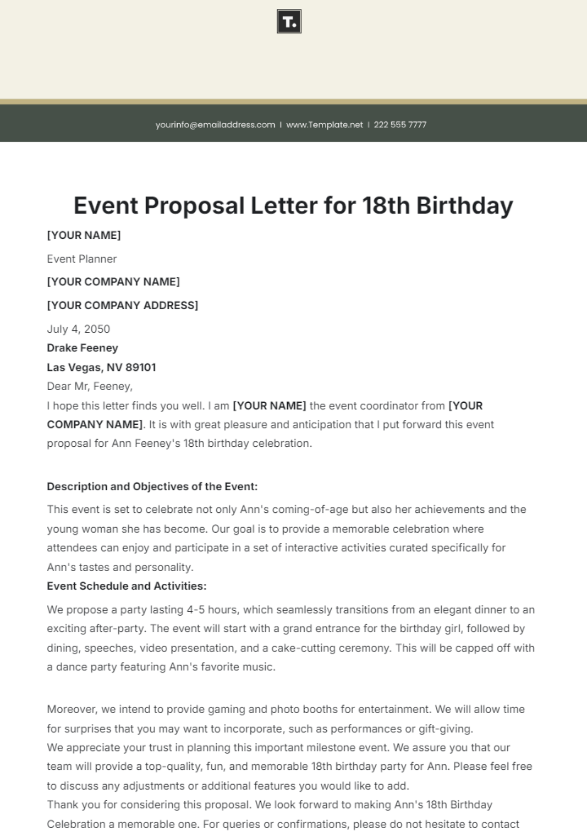 Event Proposal Letter for 18th Birthday Template - Edit Online & Download